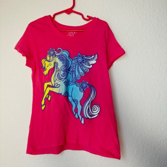 Two Children's Place Girls Glitter Unicorn Shirts in Pink and Coral, Size 7/8 - Picture 2 of 9